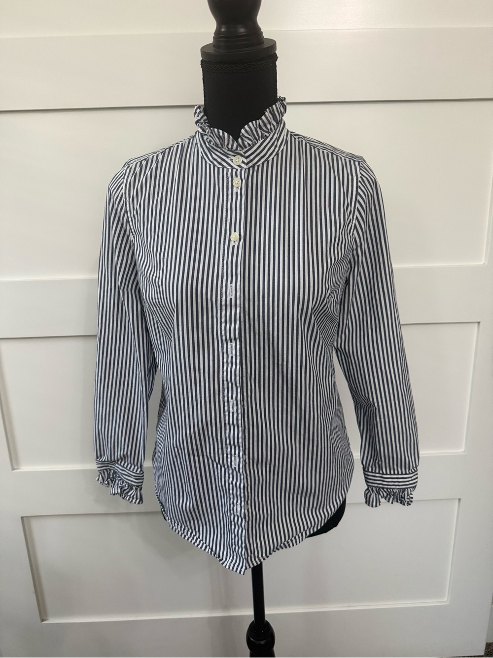 JCrew Women’s Navy and White Stripe Button-Down Shirt with ruffled collar/sleeve